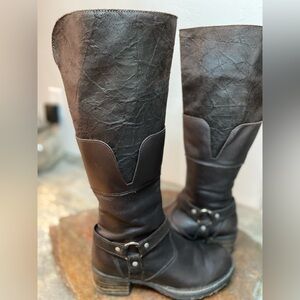 Mael~Dark Brown Distressed Leather Moto Knee High Boots~Zip-Up~Size 6